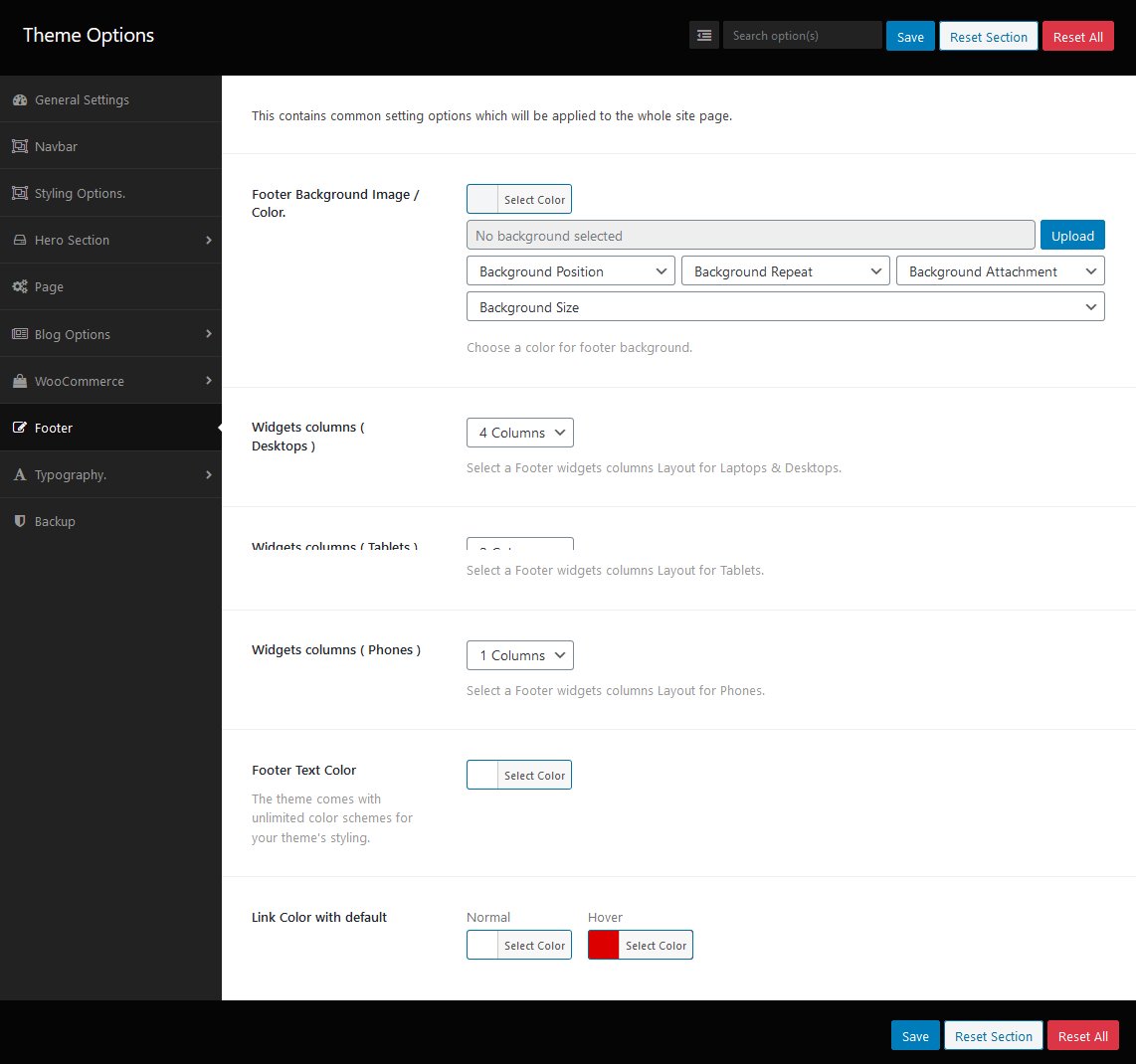 Dashboard of Footer Options