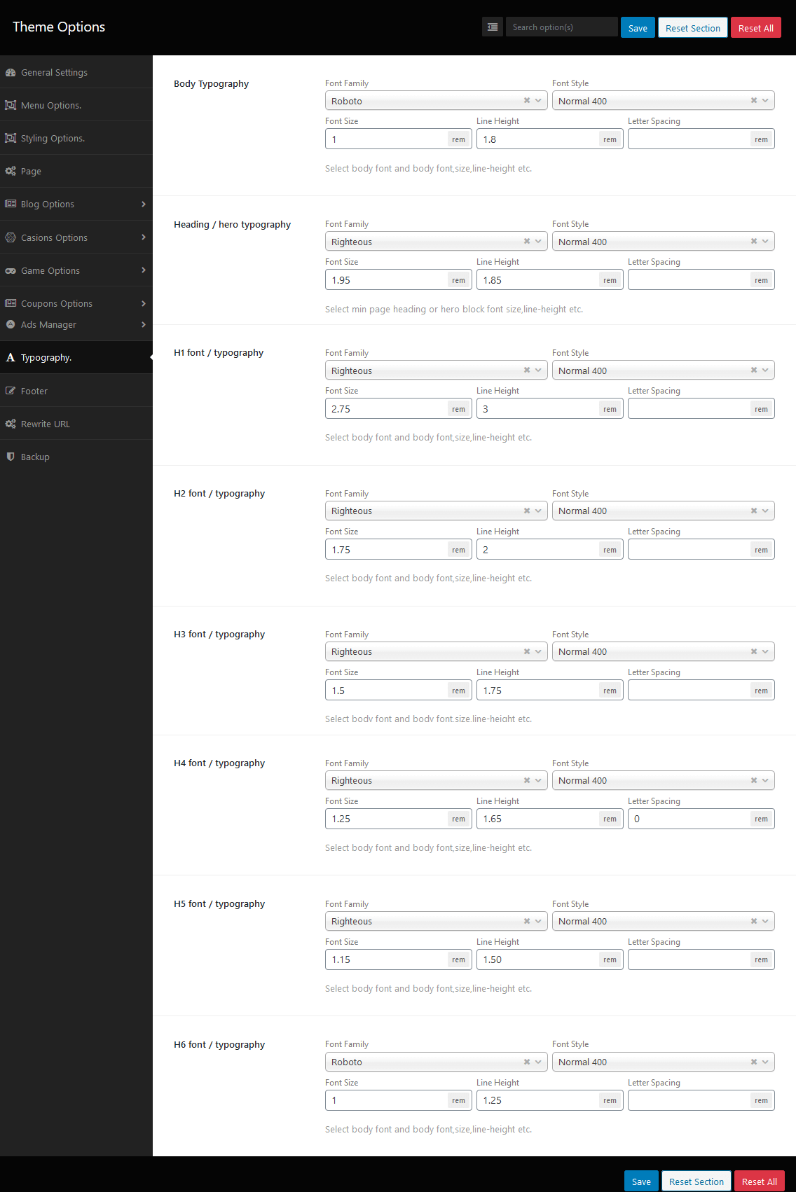 casion wordpress theme general settings