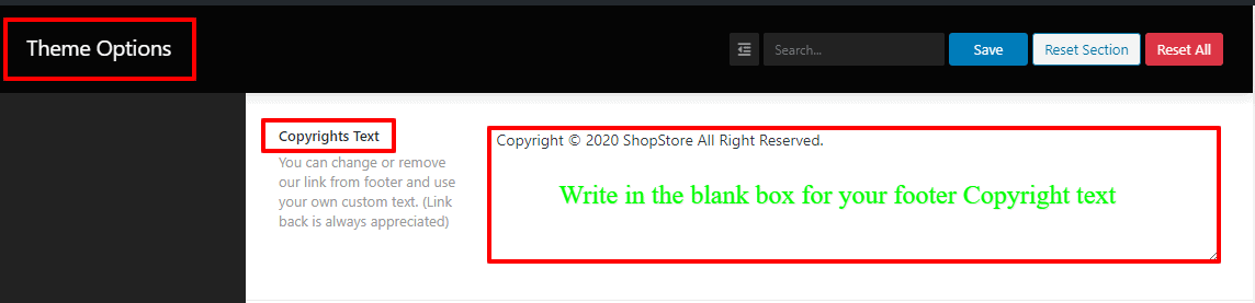 Screenshots of the make/add the footer Copyright text