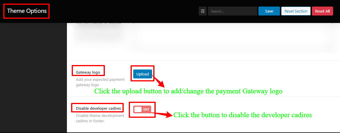 Screenshots of the add/change the payment Gateway logo, and disable the developer cadires