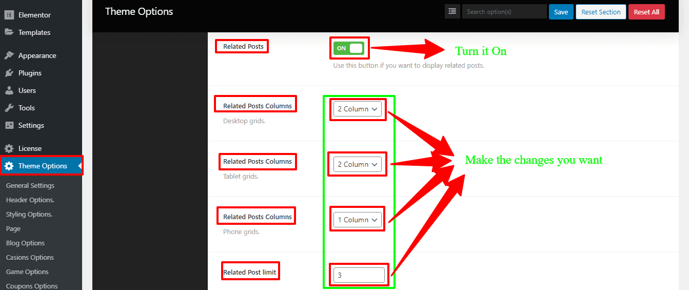 Preview screenshots of enable/disable the Related Posts and Column settings