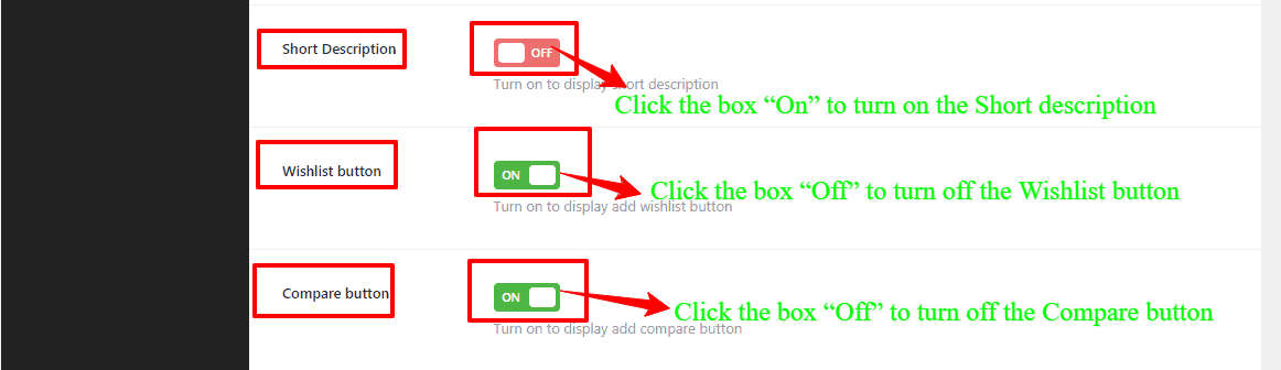 Screenshots of show/hide the product Short description, Wishlist button, and Compare button of store theme