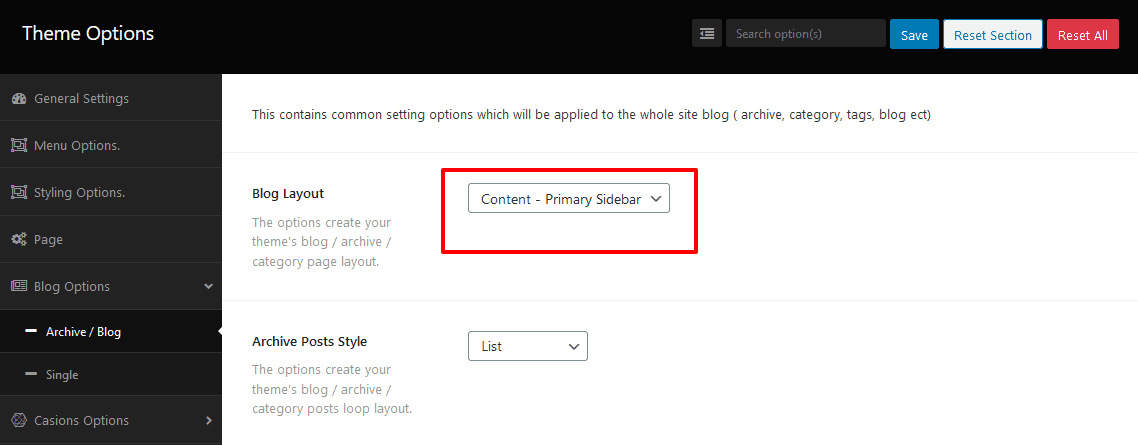 Screenshots of changing the blog layout