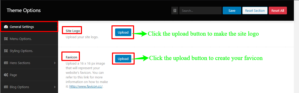 Upload the logo and favicon in the Shoper Pro WordPress theme