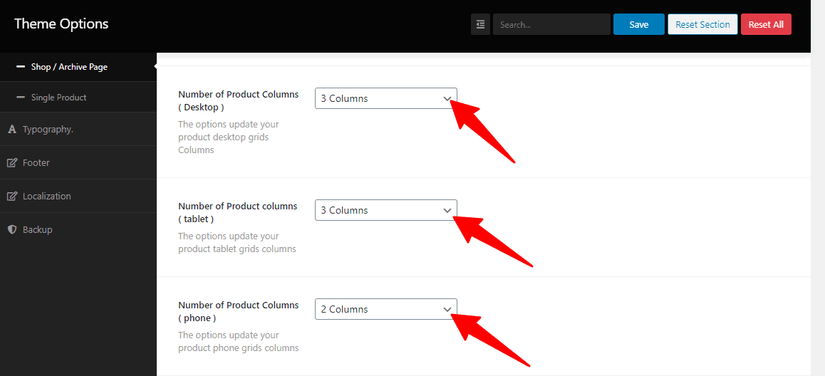 Screenshots of setting the number of products columns per page of WordPress grocery store theme