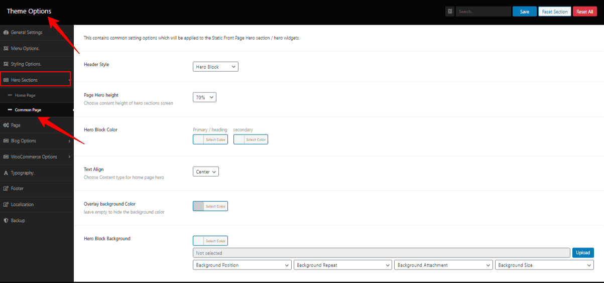 Hero Section properties