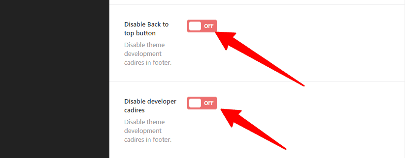 Disable Back to top button and Disable developer cadires