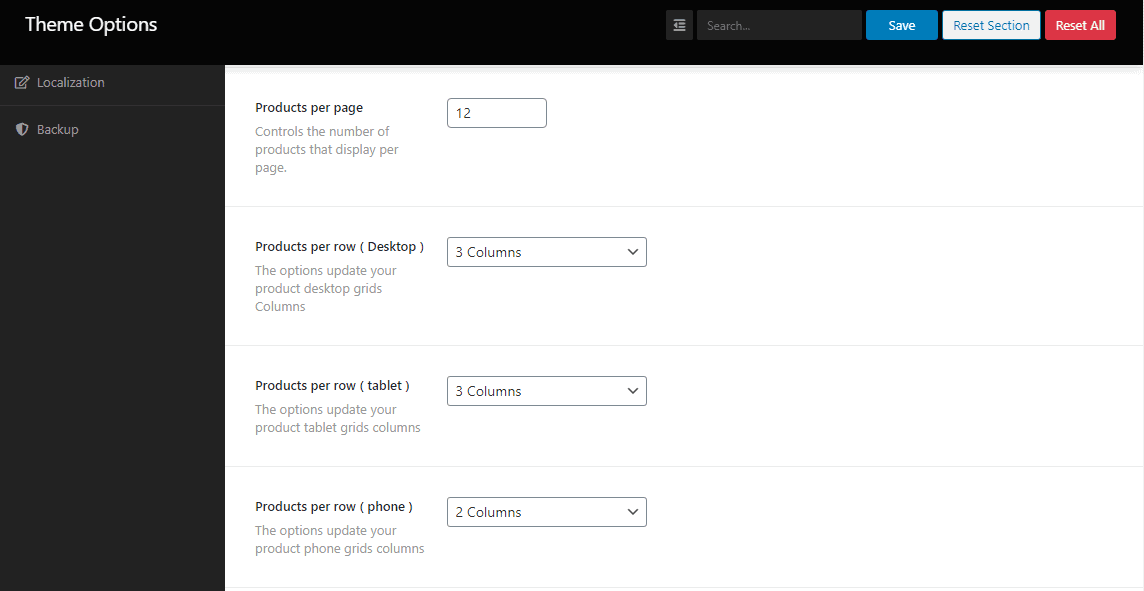 Set the number of products and product columns