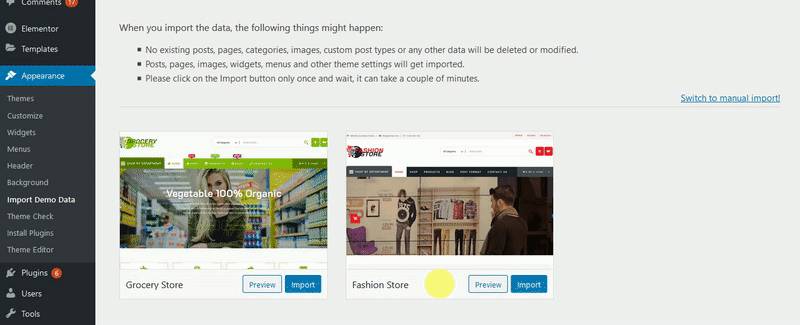 Preview gif of importing the Demo Content of WordPress shop theme